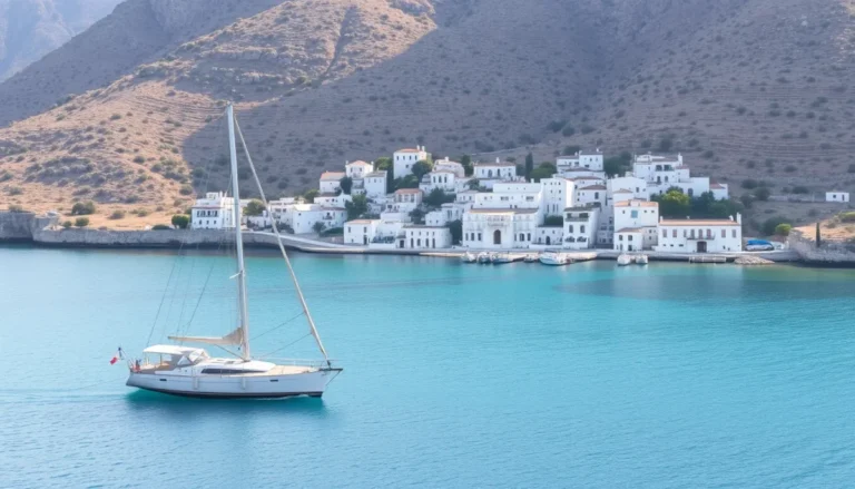 Sailing yacht anchored in a turquoise bay below a whitewashed Greek island village