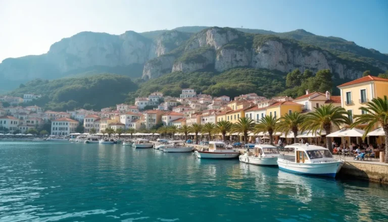 Harbour town on a Greek island with pastel houses above a deep blue bay