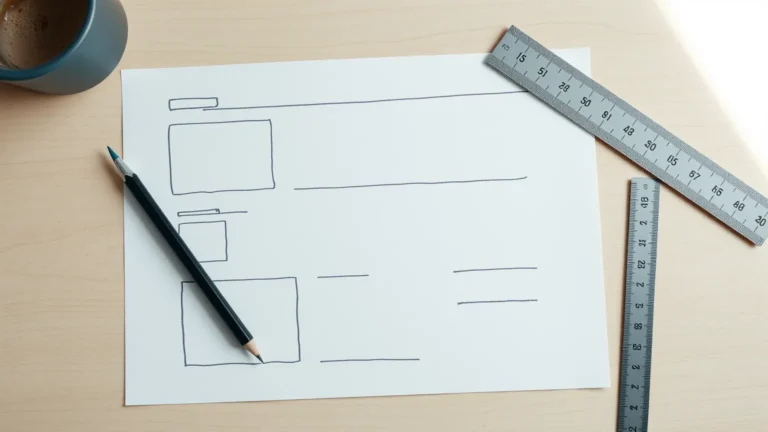 Χειρόγραφο wireframe ιστοσελίδας σε χαρτί, με μολύβι και χάρακα πάνω σε ξύλινο γραφείο