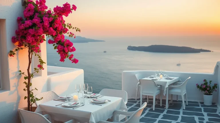 Villa terrace set for dinner overlooking the Aegean Sea at sunset