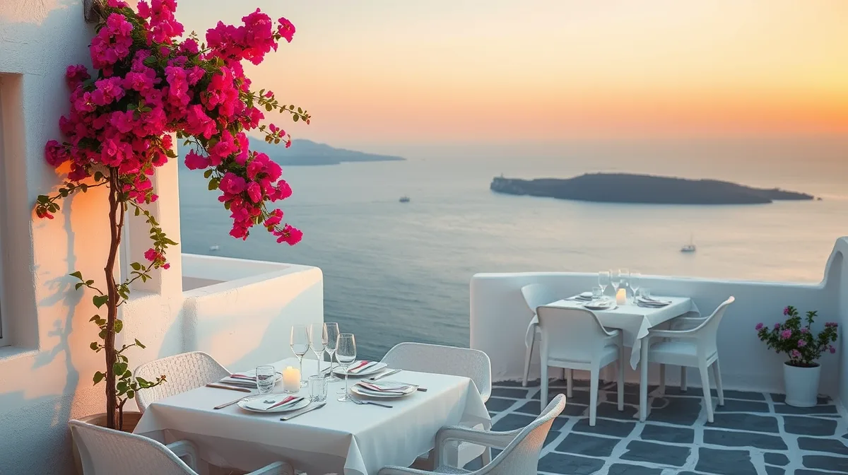Villa terrace set for dinner overlooking the Aegean Sea at sunset